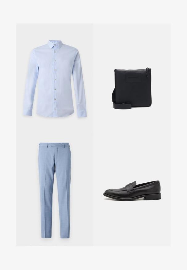 Lichtblauw herenoverhemd met lange mouwen, klassieke kraag en witte knopen aan de voorkant op een effen achtergrond.; Lichtblauwe op maat gemaakte pantalon met een vlakke voorkant, zijzakken, riemlussen en een rechte pijpsnede op een effen achtergrond.; Zwarte leren loafers met een gladde afwerking, een decoratieve band over de bovenkant, een ronde neus en een lage gestapelde hak.; Zwarte leren schoudertas met een gestructureerde afwerking, rechthoekige vorm, ritssluiting en verstelbare schouderband. Kenmerkt zich door een subtiele merklogo aan de voorkant.
