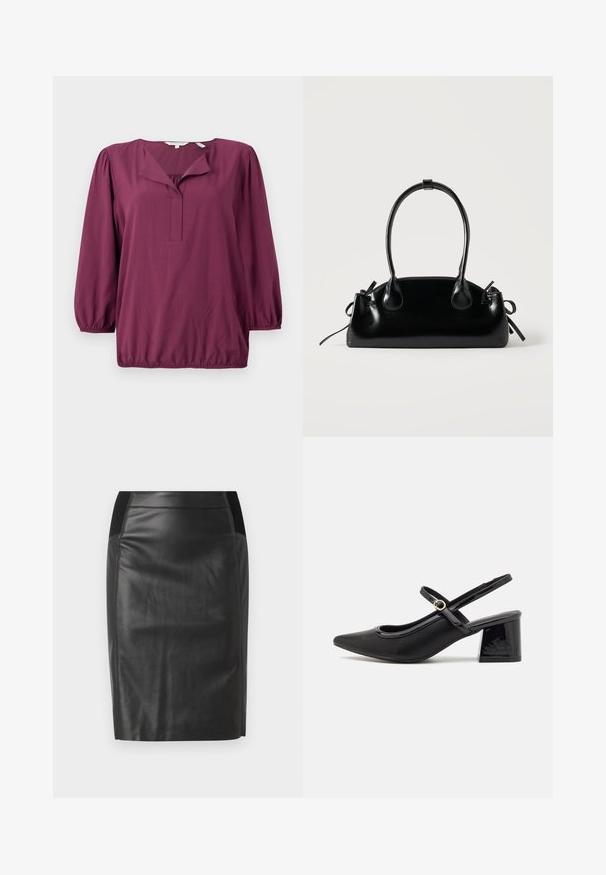 TOM TAILOR WITH V-NECK - Blusa - bordeaux red; falda lápiz de cuero negro con un diseño ajustado, textura suave y acentos de cintura elástica a ambos lados. Dobladillo recto en la parte inferior.; Tacones slingback de charol negro con punta afilada, un diseño de corte redondeado y tacón bloque. Incluye un detalle de hebilla en tono dorado.; Pequeño bolso negro brillante con dos asas largas y detalles de cordón lateral sobre un fondo claro liso.