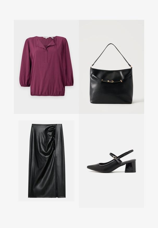 TOM TAILOR WITH V-NECK - Blouse - bordeaux red; Zwarte leren rok met een soepele textuur, voorzien van een geplooid gedeelte aan één kant en een zijspleet voor extra detail.; Zwarte gepolijste leren slingback hakken met een spitse neus, een ronde uitsnede en een blokhak. Voorzien van een gouden gespaccent.; Zwarte leren schoudertas met een enkele band en een klein gouden gespsdetail aan de voorkant tegen een effen lichte achtergrond.