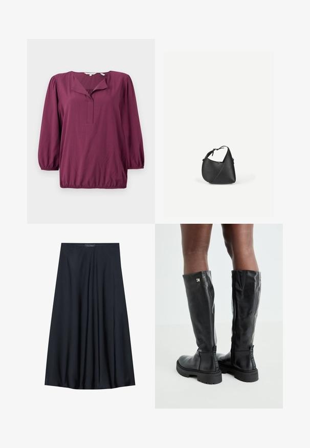 TOM TAILOR WITH V-NECK - Blouse - bordeaux red; Zwarte, knielange rok van lichtgewicht stof met een vloeiende uitstraling. Kenmerkt zich door een gladde textuur en subtiele plooien voor extra detail.; Zwarte leren kniehoge laarzen met een gladde textuur, ronde neus, stevige zool en ritssluiting. Voorzien van een zilveren logo aan de zijkant.; Zwarte lederen schoudertas met een afgeronde driehoekige vorm en verstelbare riem op een effen lichte achtergrond.