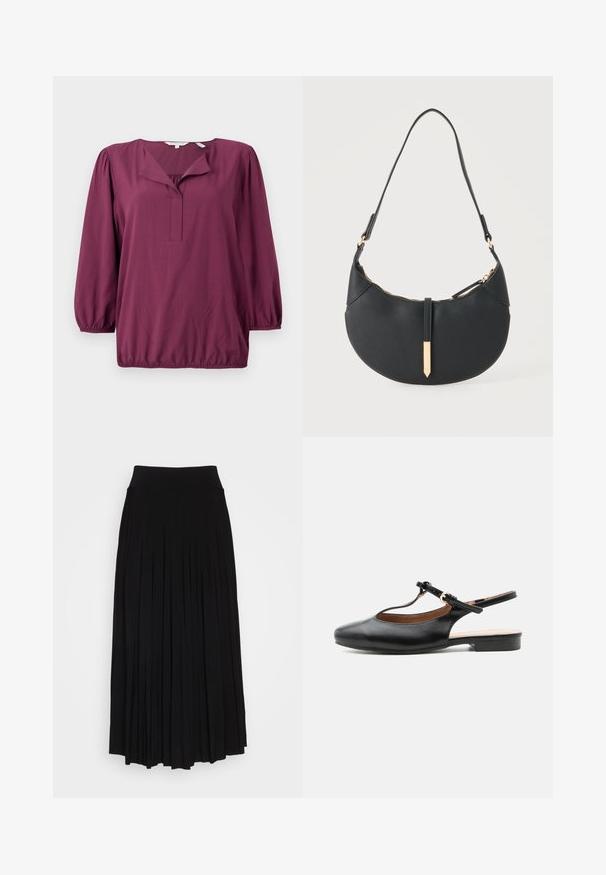 TOM TAILOR WITH V-NECK - Blouse - bordeaux red; Zwarte plissé rok met een hoge, elastische tailleband. Gemaakt van zachte stof, met verticale plooien voor een vloeiende silhouet.; Zwarte leren platte slingbackschoen met T-bandje en gouden gesp op een neutrale achtergrond.; Zwarte handtas in halve maanvorm met een enkele band, gouden rits en een gouden rechthoekige decoratieve tab aan de voorkant.