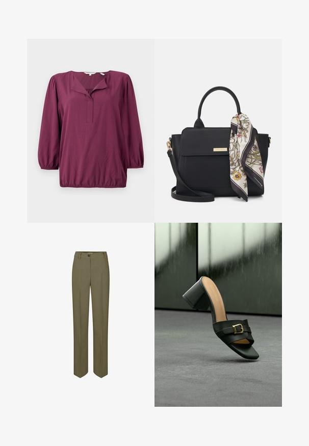 TOM TAILOR WITH V-NECK - Blouse - bordeaux red; Pantalons ajustés vert olive avec une jambe droite, fermeture à un bouton et deux plis avant, présentant une texture lisse et tissée.; Mule en cuir noir à bout ouvert avec talon bloc et détail de boucle dorée, présenté sur une surface grise avec un fond sombre flou.; Sac à main noir fabriqué dans un matériau lisse, avec des poignées doubles et une bandoulière amovible. Il présente un rabat à l'avant et un accent en foulard en soie à motif floral.