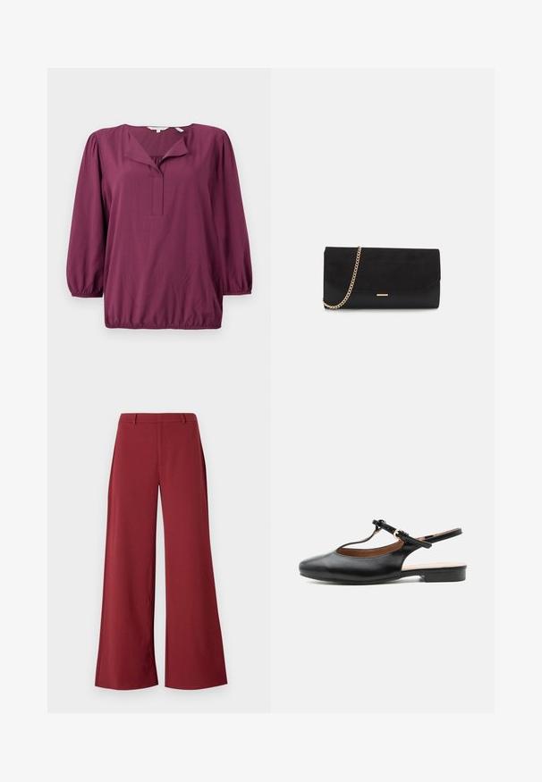 TOM TAILOR WITH V-NECK - Bluse - bordeaux red; Weite Hosen in einem tiefen Burgunderfarbton. Hergestellt aus einem glatten, dehnbaren Stoff mit taillierten Nähten und einem Reißverschluss auf der Vorderseite.; Schwarzer flacher Lederslingback-Schuh mit T-Riemen und goldener Schnalle auf neutralem Hintergrund.; Schwarze Clutch aus Wildleder mit strukturierter Oberfläche, ausgestattet mit einem goldenen Kettenriemen und einem eleganten, kantigen Design.