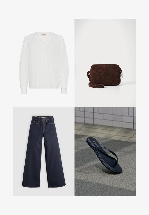 Witte blouse met lange mouwen, een V-hals, gestructureerde stof en kanten details aan de manchetten. Losse pasvorm met geplooide schouders.; Wijde denim jeans in donkerblauw met contrasterende stiksels. Bevat een traditionele vijf-pocketontwerp en een knoopsluiting in de taille.; Zwarte leren teenslipper met dunne bandjes, rustend op grijze bestrating nabij een betegelde muur, met de merknaam "S. MAMMI" op de inlegzool.; Bruine suède schoudertas met een geweven ontwerp, ritssluiting en een verstelbare schouderband. Heeft een slanke, rechthoekige vorm.