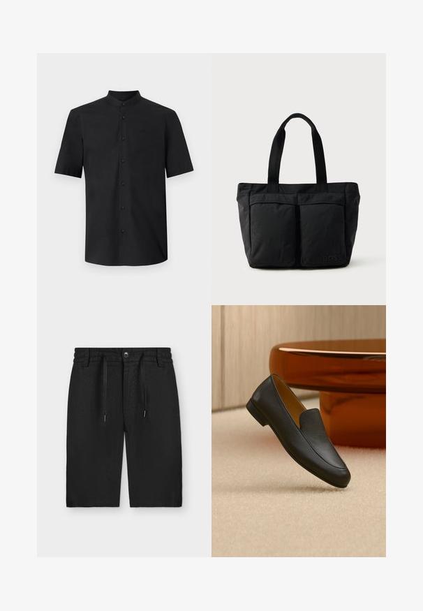 Chemise noire à manches courtes avec col montant et fermeture à boutons sur le devant, design simple, petit logo sur la poitrine.; Short noir longueur genou avec taille élastique, fermeture par bouton, cordon et passants de ceinture, posé à plat sur un fond clair.; Mocassin en cuir noir reposant sur un tapis beige avec une table circulaire marron brillante en arrière-plan.; Sac fourre-tout noir en tissu doux, avec deux poches avant et des anses robustes. Logo affiché sur le côté. Design simple et fonctionnel.