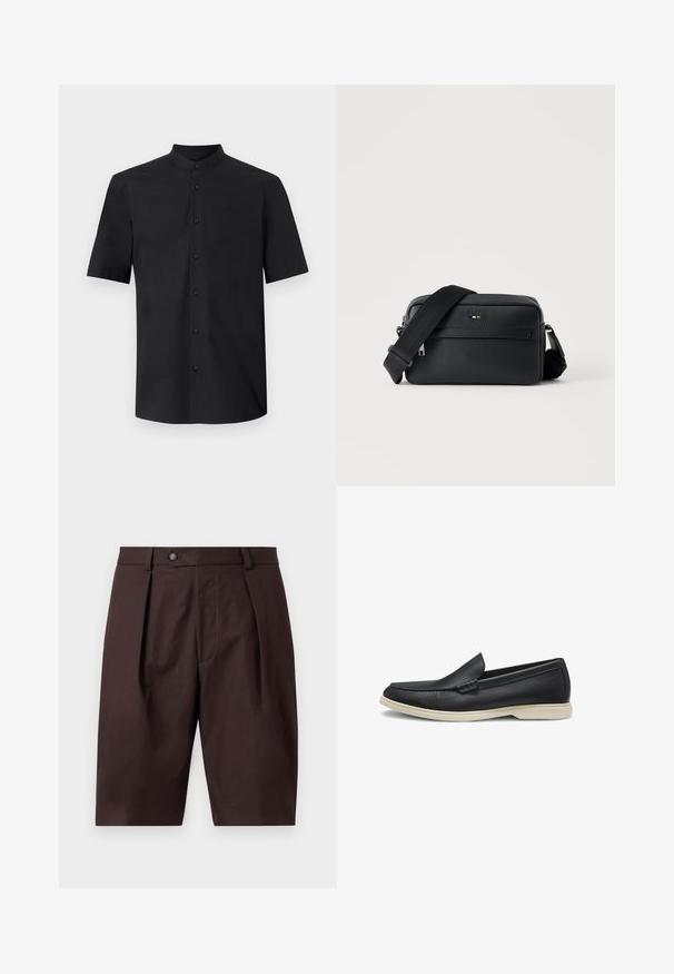 Chemise noire à manches courtes avec col montant et fermeture à boutons sur le devant, design simple, petit logo sur la poitrine.; Shorts marron sur mesure longueur genoux avec plis devant, passants de ceinture et fermeture par bouton sur un fond uni clair.; Mocassin noir en cuir à enfiler avec un bout arrondi et une semelle en caoutchouc beige clair, présenté de profil sur fond blanc.; Sac bandoulière en cuir noir texturé avec poche avant zippée et bandoulière large en tissu réglable sur fond blanc.