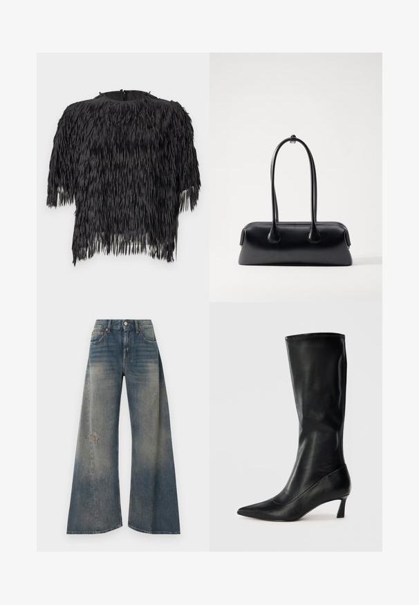 Sort crop top med frynsedesign lavet af tekstureret stof. Rund halsudskæring med lynlås i ryggen. Korte ærmer.; Videde denimjeans i falmet blå med slidte områder. Har fem lommer, lukning med knap foran og ensartet syning over det hele.; Sorte læderknæhøje støvler med spidse tæer og en modest hæl. Glat tekstur og slankt design med subtile syninger.; Osoi BOAT WIDE - Håndtasker - black