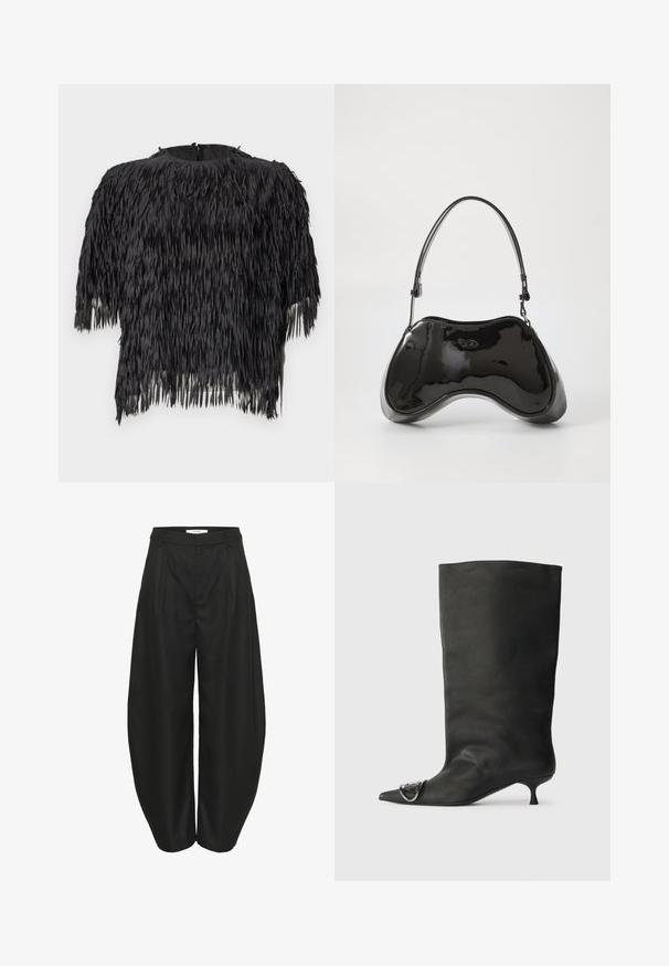 Haut court noir avec un design à franges en tissu texturé. Encolure ronde avec fermeture éclair au dos. Manches courtes.; Pantalons noirs taille haute à jambes larges avec plis, passants de ceinture et fermeture frontale dissimulée, conçus par Gestuz.; Bottines en cuir noir à bout pointu, petite talon et détail métallique sur le bout. Texture lisse et mate partout.; Sac à main en cuir verni noir avec une forme incurvée unique, une anse courte et ajustable, et une fermeture zippée. Texture lisse avec un branding discret.
