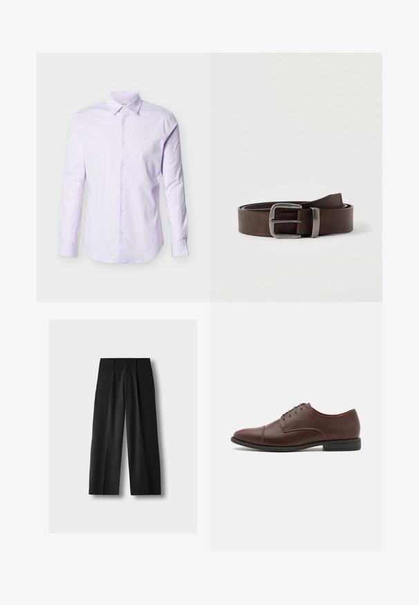 Chemise à manches longues de couleur violet clair en coton, avec un devant à boutons, un col pointu et un petit logo sur la poitrine.; Pantalon large noir taille haute avec plis à l'avant, poches latérales, passants pour ceinture et fermeture par bouton sur fond gris clair.; Chaussure habillée en cuir marron à lacets avec un bout arrondi élégant, des détails de couture subtils et un petit talon en caoutchouc noir.; Ceinture en cuir marron foncé avec une boucle rectangulaire en argent, enroulée et placée sur un fond clair et neutre.