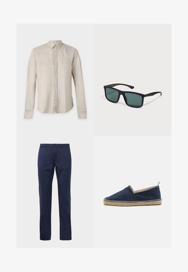 Beige langärmliges Hemd mit Knöpfen, einem geknöpften Kragen und einem dezent bestickten Logo auf der linken Brust.; Marineblaue gerade geschnittene Hose mit Knopf- und Reißverschluss, Gürtelschlaufen und seitlichen Taschen, präsentiert auf einem weißen Hintergrund.; Navy Canvas Slipper mit einer Sohle aus Juteseil, niedrigem Vorderblatt und dezenten Nähten. Mit einer Schlaufe am Fersenbereich für bequemes Tragen.; Schwarze Sonnenbrille mit abgerundet rechteckigen Rahmen, grünen Gläsern, matter Oberfläche und einem dezenten Logo-Detail an den Bügeln.