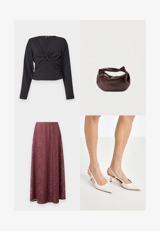 Sort langærmet top med twist-front detalje, tætsiddende design og glat tekstur. Korte længde med V-udskæring.; Lang mauve blonderok med blomster- og geometriske mønstre, A-formet silhuet og en glat talje.; Beige patenterede læder slingback hæle med spids tå og 5 cm hæl, med udskårne sider og en tynd ankelrem.; Mørkebrun læder skuldertaske med en blød, afslappet form og et snoet knudehåndtag på en ensartet hvid baggrund.