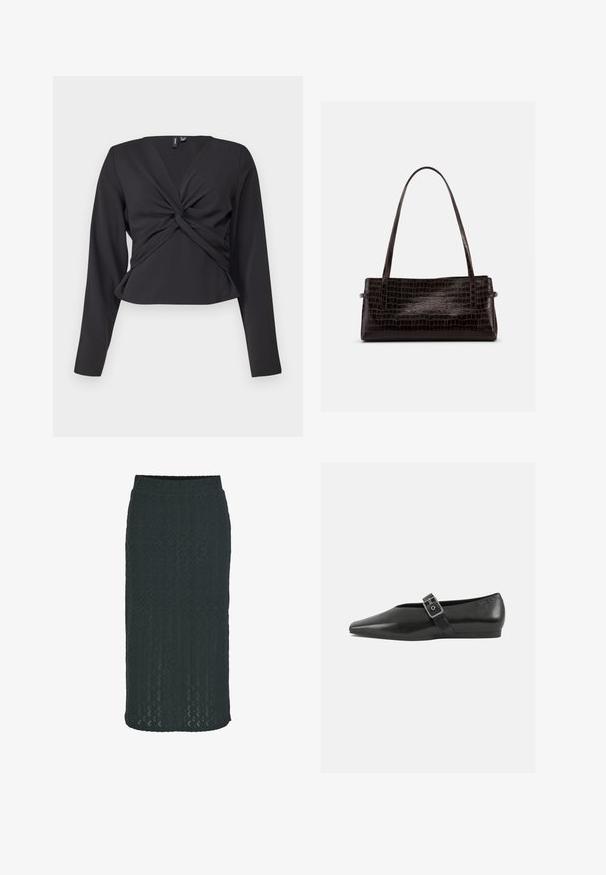 Sort langærmet top med twist-front detalje, tætsiddende design og glat tekstur. Korte længde med V-udskæring.; Knælængde blyantskirt i mørkegrøn, lavet af struktureret strikstof med et geometrisk mønster og elastisk talje for komfort.; Sorte læder flade sko med spidse tæer, prydet med en metallisk spænde over vristen og en lav, fleksibel sål.; Rektangulær mørkebrun håndtaske med præget krokodilletekstur og to tynde skulderremme mod en ensfarvet baggrund.