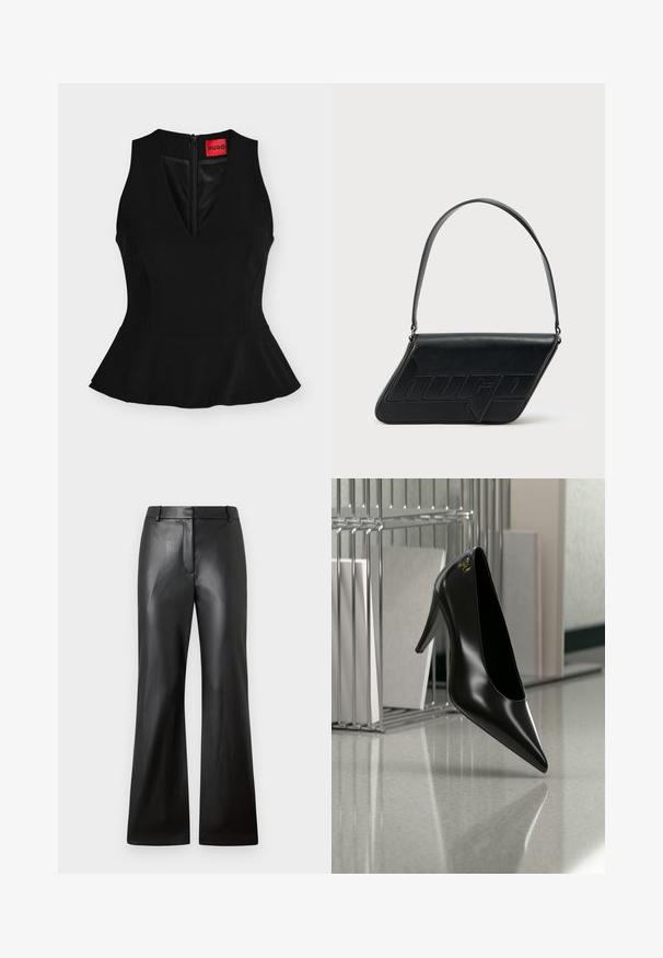 Top peplum negro sin mangas con escote en V y cremallera trasera, con una etiqueta roja de HUGO en el cuello.; Pantalones de cuero negro con una textura suave, diseño de pierna ancha y una cinturilla de altura media que presenta trabillas para cinturón y bolsillos frontales.; Zapato de tacón alto negro con punta afilada y logo dorado, colocado sobre una superficie reflectante cerca de un organizador de archivos de alambre cromado con documentos.; Bolso de hombro de cuero negro con forma triangular, logo en relieve y una sola correa ajustable. Diseño minimalista con textura suave.