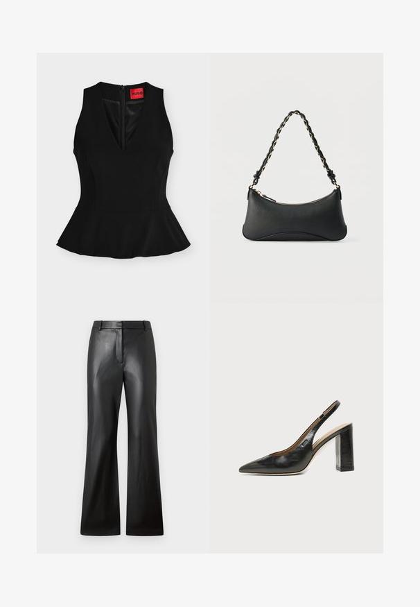 Ärmelloses schwarzes Peplum-Top mit V-Ausschnitt und Rückenreißverschluss, mit rotem HUGO-Label am Nacken.; Schwarze Lederhosen mit glatter Textur, weit geschnittenem Design und mid-rise Bund mit Gürtelschlaufen und Fronttaschen.; Schwarzer Leder-Slingback-Schuh mit spitzer Kappe, hohem Blockabsatz und beigegefüttertem Innenraum vor hellem, einfarbigem Hintergrund.; Schwarze Lederschultertasche mit gewölbter rechteckiger Form, goldener Kette, die in den geflochtenen schwarzen Riemen eingewebt ist, und Reißverschlussverschluss oben.