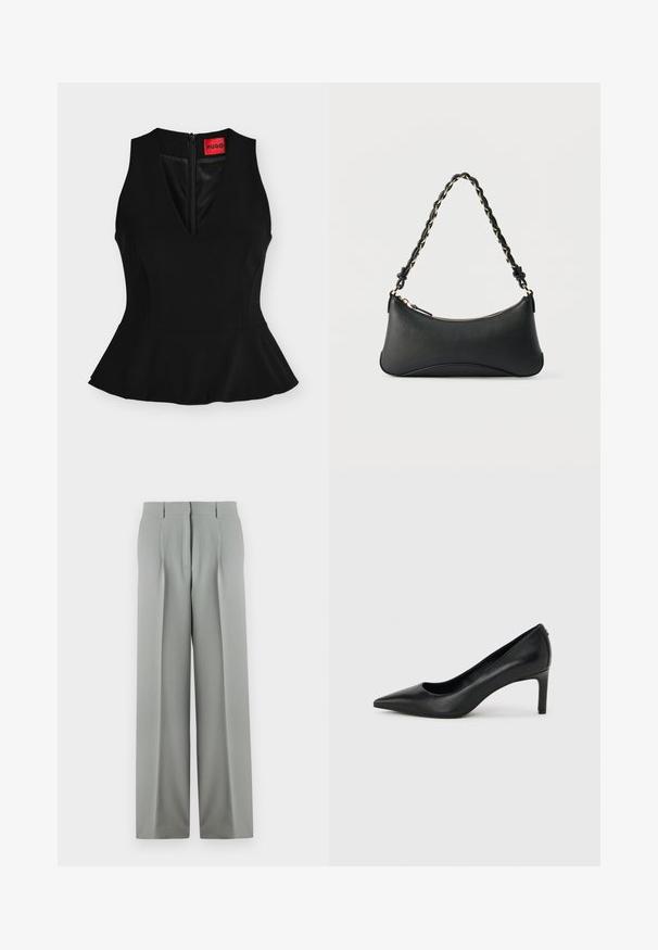 Ärmelloses schwarzes Peplum-Top mit V-Ausschnitt und Rückenreißverschluss, mit rotem HUGO-Label am Nacken.; Helle graue weite Hosen aus glattem Stoff, mit hoher Taille, gefaltetem Vorderteil und zwei Gesäßtaschen mit Gürtelschlaufen.; Schwarzer, spitz zulaufender High-Heel-Pumps aus Leder mit einem schlanken, mittelhohen Absatz auf einem schlichten hellgrauen Hintergrund.; Schwarze Lederschultertasche mit gewölbter rechteckiger Form, goldener Kette, die in den geflochtenen schwarzen Riemen eingewebt ist, und Reißverschlussverschluss oben.