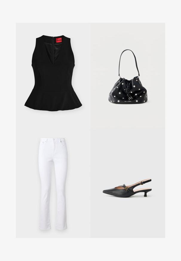 Top peplum negro sin mangas con escote en V y cremallera trasera, con una etiqueta roja de HUGO en el cuello.; Jeans flare de denim blanco con cintura alta, cuatro bolsillos y cierre de botón frontal. Presenta una textura suave y dobladillos limpios.; Zapato de salón slingback de cuero negro con puntera puntiaguda, tacón pequeño, diseño recortado y detalle de hebilla dorada en la correa.; Bolso de mano de cuero negro con parte superior fruncida, tachuelas plateadas, cordón anudado y una sola correa para el hombro sobre fondo blanco.