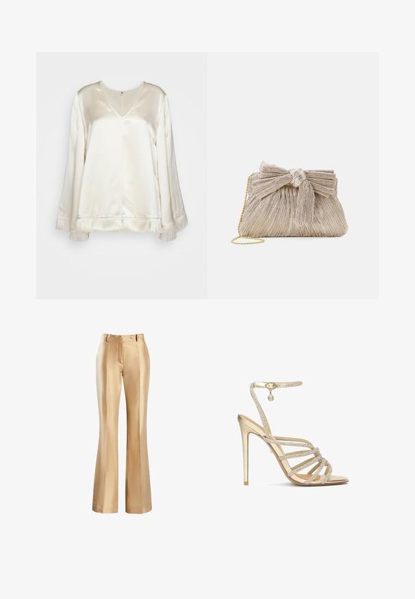 By Malene Birger EXCLUSIVE AVELAS - Blouse - pearl; Beige satijnen flared broek met een gladde textuur, voorzien van een rits aan de voorkant en een enkele knoopsluiting. Twee zijzakken en plooidetails.; Gouden hoge hakken sandalen met meerdere kralen-omzoomde banden en een enkelbandje, met een gladde metallic afwerking en een puntige neus.; Metalen gouden clutch tas van geplooid stof, met een strikdetail aan de bovenkant en een gouden kettingband voor veelzijdigheid en gemakkelijk dragen.