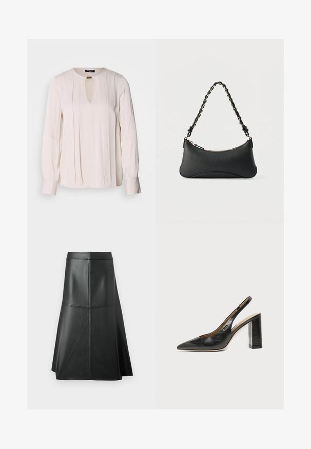 Lange-mouwen crèmekleurige blouse met een sleutelgatnek, geplooide voorkant en knoopmanchetten. Soepele, lichte stof.; Zwarte leren A-lijn rok, met een gladde textuur, tot halverwege de kuit, met horizontale stikdetails in de taille en naden voor extra structuur.; Zwarte leren slingback schoen met spits toelopend neusje, hoge blokhak en beige binnenvoering tegen een effen lichte achtergrond.; Zwarte lederen schoudertas met een gebogen rechthoekige vorm, gouden ketting verweven in een gevlochten zwarte band, en een ritssluiting bovenop.