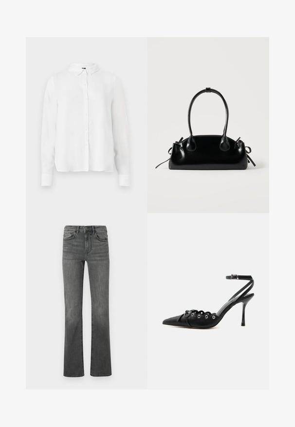 Chemise blanche à manches longues avec un front boutonné, un col classique et un tissu lisse avec une coupe légèrement ample.; Jeans évasés en denim gris foncé avec une taille haute, cinq poches et une fermeture à un bouton. Texture lisse avec un léger délavage.; Chaussure à talon haut noire à bout pointu, bords festonnés, œillets métalliques, lacets à l'avant et bride de cheville avec fermeture à boucle.; Petit sac à main noir brillant avec deux longues anses et des détails à cordon sur les côtés sur un fond clair uni.