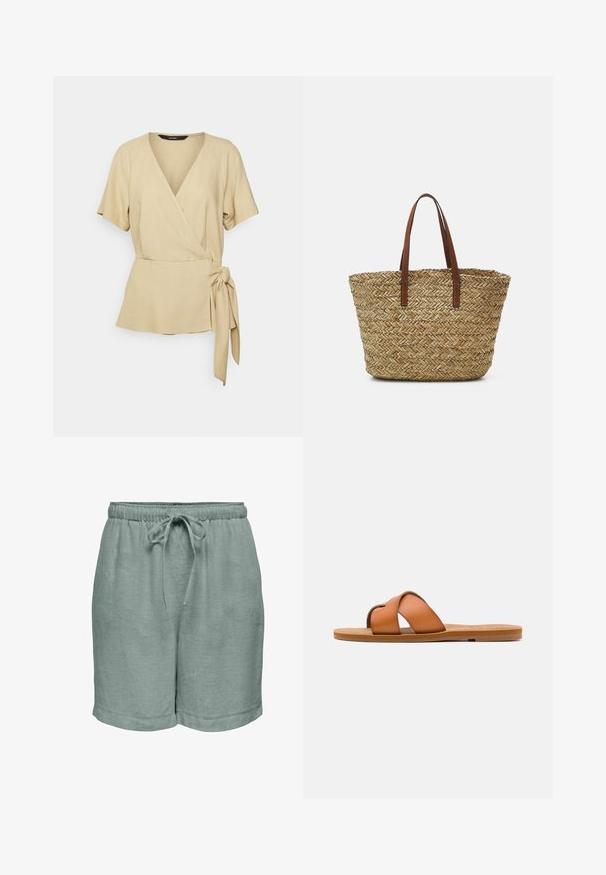Vero Moda Tall VMMYMILO WIDE WRAP - Blouse - irish cream; ONLY ONLSIESTA Mid waist Loose Fit - Short - abyss; Sandale diapositive en cuir marron avec des lanières croisées, semelle plate, texture lisse et caractéristiques de design minimaliste pour un usage décontracté.; Sac de course en paille tissée avec des poignées en cuir brun clair. Forme arrondie avec un motif en chevron complexe sur toute la surface.