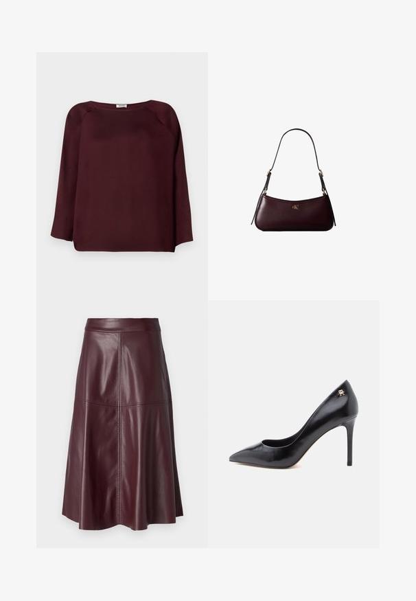 Bordeaux langslavige blouse met een brede halslijn, zachte stof, drop shoulder ontwerp en een rechte zoomlijn. Gladde textuur, geen zichtbare patronen.; Donker bordeauxrode knielange A-lijn leren rok met zichtbare verticale en horizontale naaddetails.; Zwarte leren pump met hoge hak en spitse neus, voorzien van een uitsnijdingsontwerp en een klein gouden logo-accent op de hak.; Donker bordeauxkleurige leren handtas met een smalle zwarte schouderband en klein gouden "cK" logo aan de voorkant in het midden.