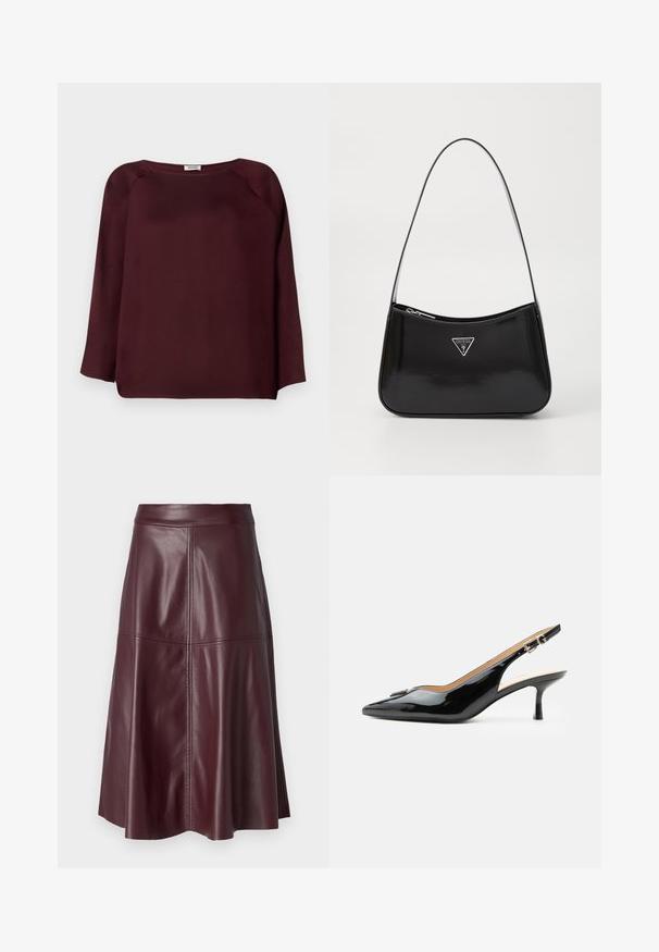 Bordeaux langslavige blouse met een brede halslijn, zachte stof, drop shoulder ontwerp en een rechte zoomlijn. Gladde textuur, geen zichtbare patronen.; Donker bordeauxrode knielange A-lijn leren rok met zichtbare verticale en horizontale naaddetails.; Zwarte lakleren slingback hak met spitse neus, kleine kittenhak en zilveren gespsluiting op een effen witte achtergrond.; Zwarte lakleren schoudertas met een gebogen vorm, voorzien van een zilveren driehoeklogo en een ritssluiting. Gladde textuur en slanke schouderband.