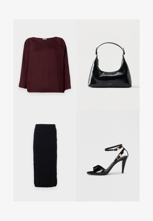 Blouse bordeaux à manches longues avec un décolleté large, tissu doux, design à épaules tombantes et finition droite. Texture lisse, sans motifs visibles.; Jupe noire en tricot, longueur genou, avec une surface texturée et une coupe droite. La taille est élastiquée pour le confort.; Sandale à talon haut en cuir verni noir avec double bride de cheville et boucles dorées, bout ouvert, et talon effilé sur fond neutre.; Sac à main Calvin Klein noir brillant avec fermeture éclair dorée et anse courte sur fond blanc uni.