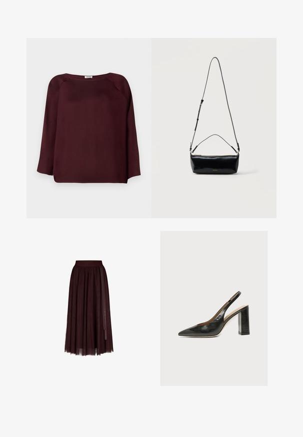 Blouse bordeaux à manches longues avec un décolleté large, tissu doux, design à épaules tombantes et finition droite. Texture lisse, sans motifs visibles.; Jupe midi en tulle bordeaux foncé avec une large taille élastique et de longs rubans décoratifs sur les côtés.; Escarpin slingback en cuir noir pour femme avec bout pointu et talon bloc épais et haut sur fond blanc.; Sac bandoulière rectangulaire en cuir noir avec bandoulière ajustable, fermeture éclair sur le dessus et petit logo Calvin Klein doré sur le devant.