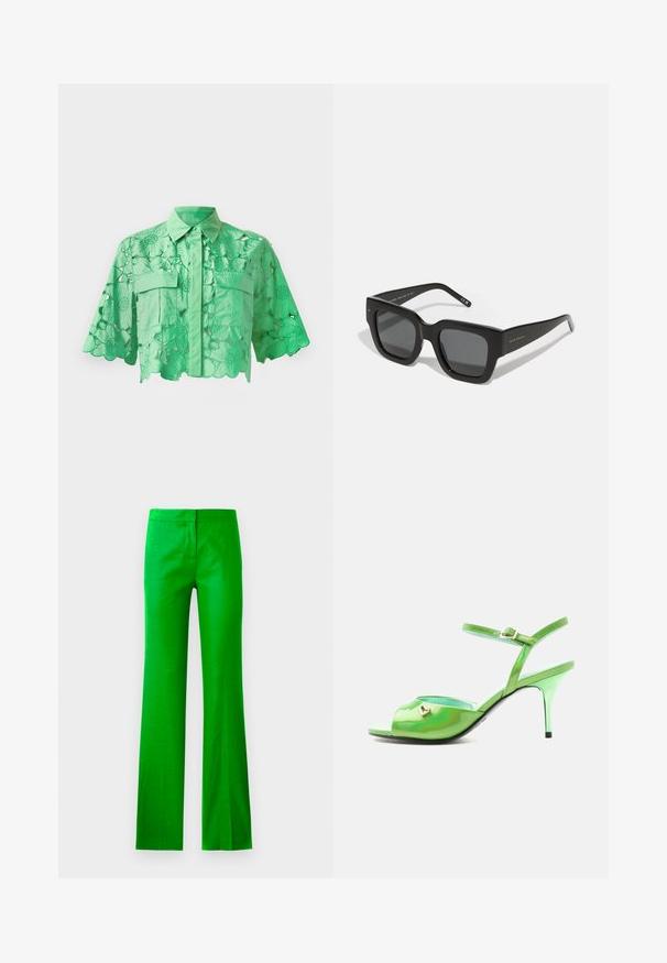 Groen overhemd met korte mouwen, voorzien van een bloemen uitgesneden ontwerp, knoopsluiting aan de voorkant, twee borstzakken en een nette kraag. Glad textuur.; Felle groene, uitlopende broeken van een gladde stof, met een vlakke voorkant en zonder zichtbare zakken. Schoon, minimalistisch ontwerp.; Groene patentleren open teen sandaal met hoge hak, enkelbandje en kleine gouden hartvormige versiering aan de voorkant.; Zwarte vierkante zonnebril met donkere lenzen, een dik plastic montuur en slanke pootjes. Bevat subtiele branding aan de zijkant.