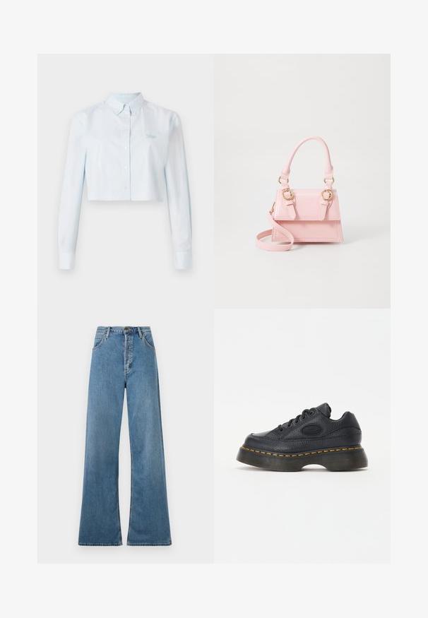 Lichtblauw cropped button-up shirt met lange mouwen, voorzien van dunne strepen en een kraag. Inclusief kleine geborduurde branding op de borst.; Lichtblauwe wijde jeans met een hoge taille, met voorzakken en een ritssluiting, weergegeven tegen een witte achtergrond.; Zwarte leren sneaker met een gestructureerde afwerking, ronde neus en een dikke platformzool. Bevat gele accentstiksels en een merklogo aan de zijkant.; Roze gepatineerde leren handtas met een gestructureerd ontwerp, dubbele handvatten aan de bovenkant, goudkleurige hardware, een afneembare riem en gestikte details.