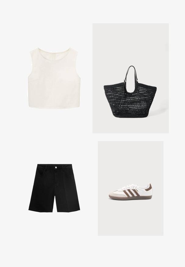 Afskåret ærmeløs top i off-white stof, med rund halsudskæring og to sidelommer; glat tekstur med minimale sømme.; Sorte denim shorts med lige snit, fem lommer og sølvfarvet knaplukning. Glat tekstur med minimal syning.; Hvid Adidas Samba sneaker med brune ruskindstriber, brun hælflap, beige tåhætte og gennemsigtig gummisål, vist fra siden.; Sort vævet tote-taske med åbent vævemønster og to slanke håndtag, sat mod en hvid baggrund.