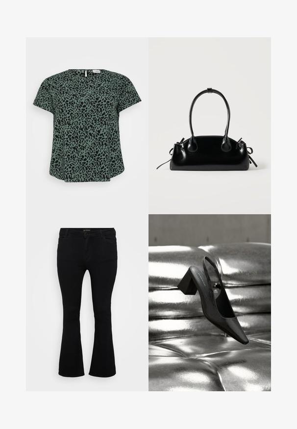 Top de manga corta en tejido verde oscuro con un patrón de estampado animal negro; presenta un escote redondo y un cierre en forma de llave en la espalda.; Pantalones vaqueros de corte acampanado en negro, fabricados en denim, con cierre de botón, cinco bolsillos y una textura suave. Diseño clásico con dobladillo acampanado.; Tacón destalonado negro con punta en forma de pico, con superficie texturizada y tacón ancho y grueso. Colocado sobre un fondo metálico brillante.; Pequeño bolso negro brillante con dos asas largas y detalles de cordón lateral sobre un fondo claro liso.