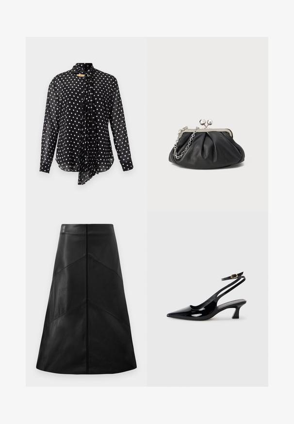 Blouse noire à manches longues avec un motif à pois blancs. Dotée d'un lien plissé à l'avant et d'un ourlet arrondi. Fabriquée en tissu léger et transparent.; Jupe en cuir noir en forme A avec une texture lisse, arborant des motifs de coutures géométriques et une fermeture éclair dissimulée à l'arrière.; Escarpins à brides arrière en cuir verni noir, à bout pointu, avec un petit talon carré et une sangle de cheville ajustable dotée d'une boucle dorée.; Porte-monnaie en cuir noir avec texture froncée, cadre en métal argenté, fermeture à verrouillage kiss-lock et bandoulière en chaîne. Surface lisse et douce.