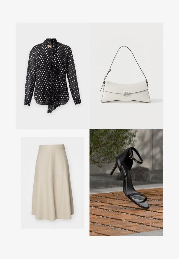 Zwarte blouse met lange mouwen en een witte polkadotprint. Voorzien van een geplooide strik aan de voorkant en een afgeronde zoom. Gemaakt van lichtgewicht, doorschijnende stof.; Beige A-lijn midi-rok met zichtbare naaddetails en een aansluitende tailleband, gemaakt van glad leerachtig materiaal.; Zwarte hoge hak sandaal met enkelbandje zweeft boven een houten tegelvloer buiten, met een onscherpe groene en stenen achtergrond.; Witte leren schoudertas met gebogen flap, zwarte rand, verstelbare riem en zilveren decoratieve gesp op een effen achtergrond.