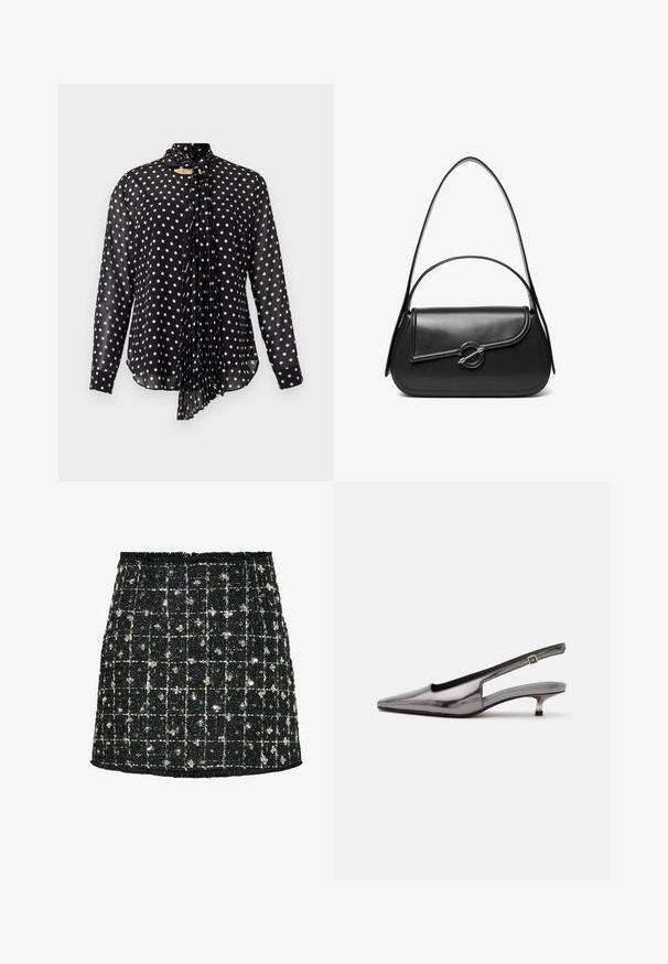 Zwarte blouse met lange mouwen en een witte polkadotprint. Voorzien van een geplooide strik aan de voorkant en een afgeronde zoom. Gemaakt van lichtgewicht, doorschijnende stof.; Zwarte tweed rok met een ruitpatroon, verfraaid met pailletten en kleine bloemaccenten, met een rafelige zoom en een aansluitend ontwerp.; Metallic grijze slingback-schoen met spitse neus, lage kittenhak en verstelbare band op een witte achtergrond.; Zwarte leren schoudertas met een gebogen klep die is bevestigd met een ronde metalen sluiting en een smalle, verstelbare band.