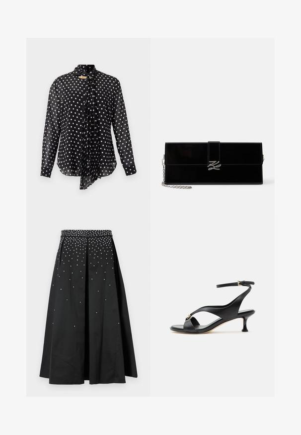 Schwarze Bluse mit langen Ärmeln und weißem Tupfenmuster. Verfügt über eine geraffte vordere Schleife und einen abgerundeten Saum. Hergestellt aus leichtem, transparentem Stoff.; Schwarze Skirt mit einem taillierten Bund, der mit silbernen Nieten verziert ist, gefalteter Optik und einem fließenden Schnitt, der bis zur Mitte der Wade reicht.; Schwarze Ledersandale für Damen mit geschwungenem Kitten-Heel, gekreuzten Riemen und verstellbarem Knöchelriemen mit kleiner goldener Schnalle.; Glänzende schwarze rechteckige Clutch mit silbernem Kettenriemen und silberner, ineinander verschlungener Initial-Schließe an der vorderen Klappe.