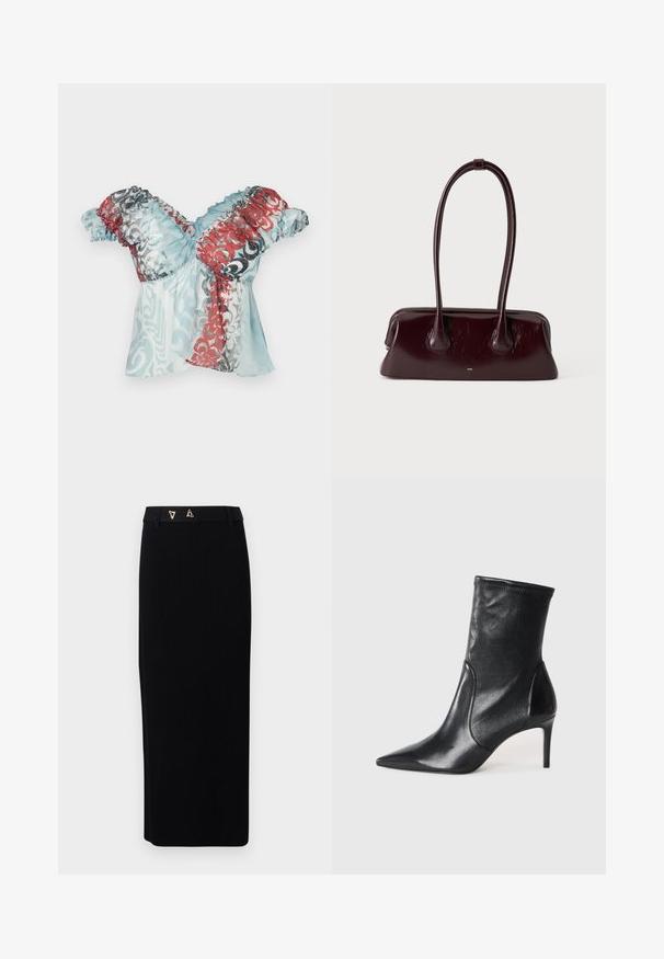 Paolina Russo BABBY DOLL - Top - blue crush; AERON FORUM - Kokerrok - black; Zwarte enkelboots van soepel leer, met een spitse neus, een aangesloten schacht en een slanke hoge hak. Minimalistisch ontwerp zonder zichtbare hardware.; Donkerbruine glanzende leren handtas met lange, dunne handvatten en een gestructureerde rechthoekige bodem op een effen lichte achtergrond.