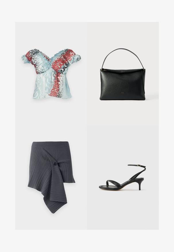 Paolina Russo BABBY DOLL - Débardeur - blue crush; Jupe enveloppante à côtes gris foncé avec un design torsadé et un accent de bouton noir rond. Fabriquée dans un matériau texturé et extensible.; Sandale pour femme en cuir noir avec fines lanières, une boucle d'orteil, une boucle à la cheville et un talon aiguille de hauteur moyenne sur un fond neutre.; Sac à main en cuir noir à texture lisse, avec une poignée courbée et un détail de fermeture éclair doré. Design minimaliste avec un logo discret.