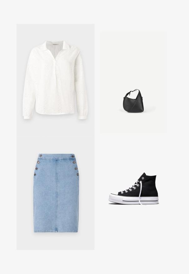Hvid bomuldsbluse med lange ærmer, en V-hals krave og indviklede øjelet broderi mønstre overalt. Klassisk pasform design.; Lysblå denimnederdel i tætsiddende silhouette med en forhøjet søm foran og fem brune knapper på venstre side som detalje. Glat tekstur.; Sort high-top canvas sneaker med hvid gummisål og hvide snørebånd, vist fra siden mod en hvid baggrund.; Sort skuldertaske i læder med en afrundet trekantet form og justerbar rem på en ensartet lys baggrund.