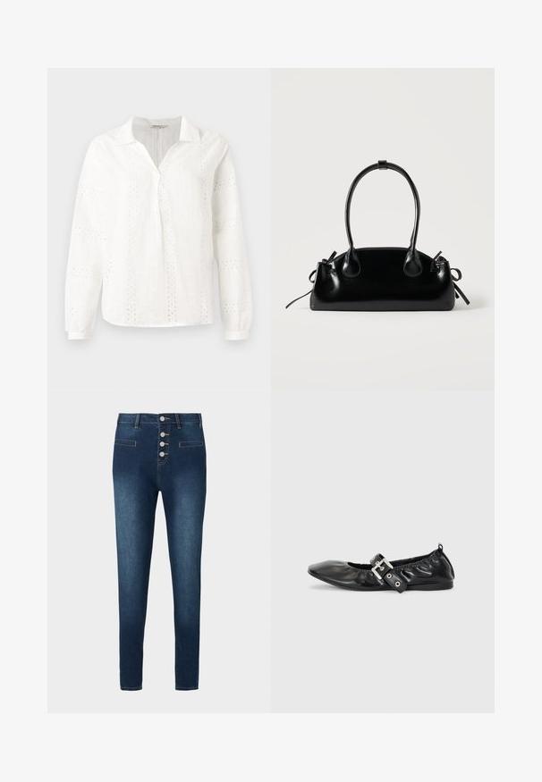 Blouse en coton blanc avec des manches longues, un col en V et des motifs de broderie ajourée complexes. Design à coupe classique.; Jean en denim bleu foncé avec une taille haute, une fermeture à cinq boutons et deux poches avant. Texture lisse avec des détails de couture contrastants.; Chaussure plate en cuir noir avec un nez pointu, des détails froncés autour de l'ouverture et un accent en boucle argentée sur la bride ajustable.; Petit sac à main noir brillant avec deux longues anses et des détails à cordon sur les côtés sur un fond clair uni.