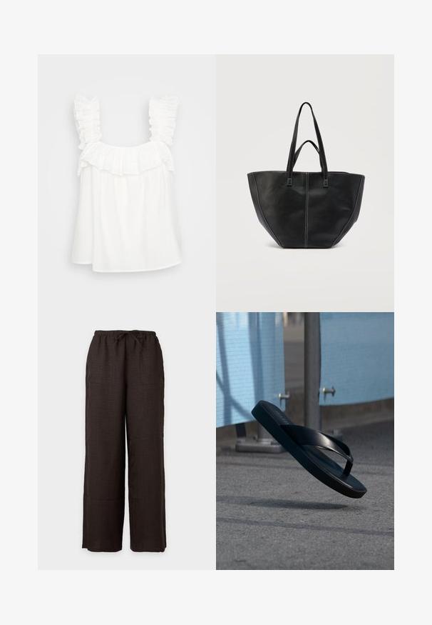Top en coton blanc avec des bretelles à volants et un volant superposé au niveau du col. Coupe ample avec une texture lisse et légère.; Pantalon ample marron foncé avec ceinture élastique et cordon de serrage, avec poches plaquées à l'avant, sur un fond uni clair.; Tongs noires suspendues en l'air au-dessus de l'asphalte, avec des panneaux de tissu bleu et des poteaux métalliques en arrière-plan.; Sac fourre-tout en cuir noir avec deux poignées et des coutures blanches contrastantes, présentant une forme large et structurée avec des détails de coutures centrales.
