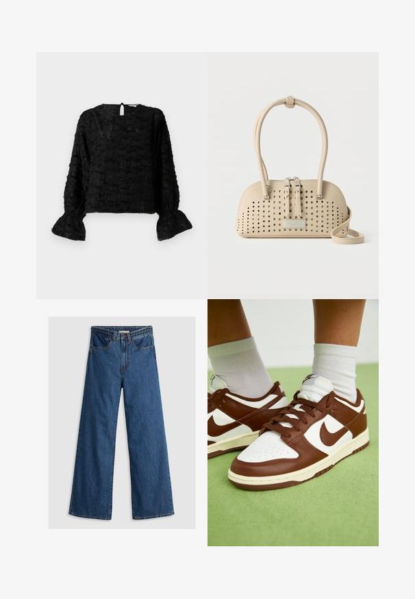Sort tekstureret bluse med lange ballonærmer, præget af en samlet kant og en nøglehulåbning bagpå. Blødt, lagdelt stof.; Bredde ben blå denim jeans med høj talje, der har et klassisk fem-lomme design og en tekstureret taljebånd.; Brune og hvide lædersneakers med perforeret tå, strukturerede detaljer og flade snørebånd. Modellen har et lavt design og gummisål.; Beige læderhåndtaske med perforerede huller, to lynlåstræk, dobbelte håndtag og en lang rem, placeret mod en ensfarvet baggrund.