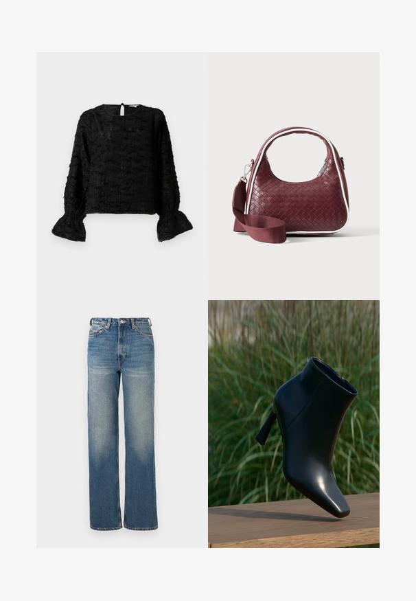 Zwarte blouse met textuur en lange ballonmouwen, met een gathered zoom en een sleutelgatopening op de rug. Zacht, gelaagd materiaal.; Hoge taille, wijde jeans in lichtblauwe denim met subtiele vervaging, vijf-pocket ontwerp en metalen hardware accenten.; Zwarte leren enkellaars met een puntige neus en een stijlenhak; glad, glanzend oppervlak; voorzien van een zijrits. Achtergrond suggereert groene planten.; Donkerrode geweven leren handtas met gebogen handvat, witte bies, zilveren rits en afneembare brede stoffen schouderriem tegen een effen achtergrond.
