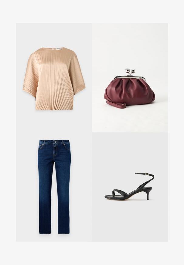 Blouse beige à manches courtes avec plis verticaux, col rond et fermeture éclair dans le dos.; Jean en denim bleu foncé avec une coupe droite, doté d'une taille classique, de cinq poches et de détails de couture subtils sur les coutures.; Sandale pour femme en cuir noir avec fines lanières, une boucle d'orteil, une boucle à la cheville et un talon aiguille de hauteur moyenne sur un fond neutre.; Petit sac pochette en cuir bordeaux avec fermoir métallique argenté et bracelet sur fond blanc.
