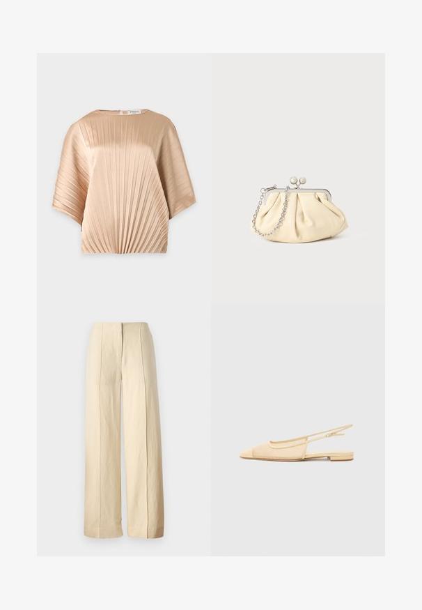 Beige blouse met korte mouwen, verticale plooien, een ronde halslijn en een rits aan de achterkant.; Lange broek in een lichtbeige stof, met een gladde textuur en voorplooien, voorzien van een tailleriem zonder zichtbare hardware.; Slingback ballerina in lichtbeige met een mesh bovenwerk, spitse neus en een lage hak. Voorzien van een verstelbare band voor een goede pasvorm.; Geplooide beige leren clutch met een zilveren metalen frame, voorzien van twee ronde decoratieve sluitingen en een zilveren kettingriem.