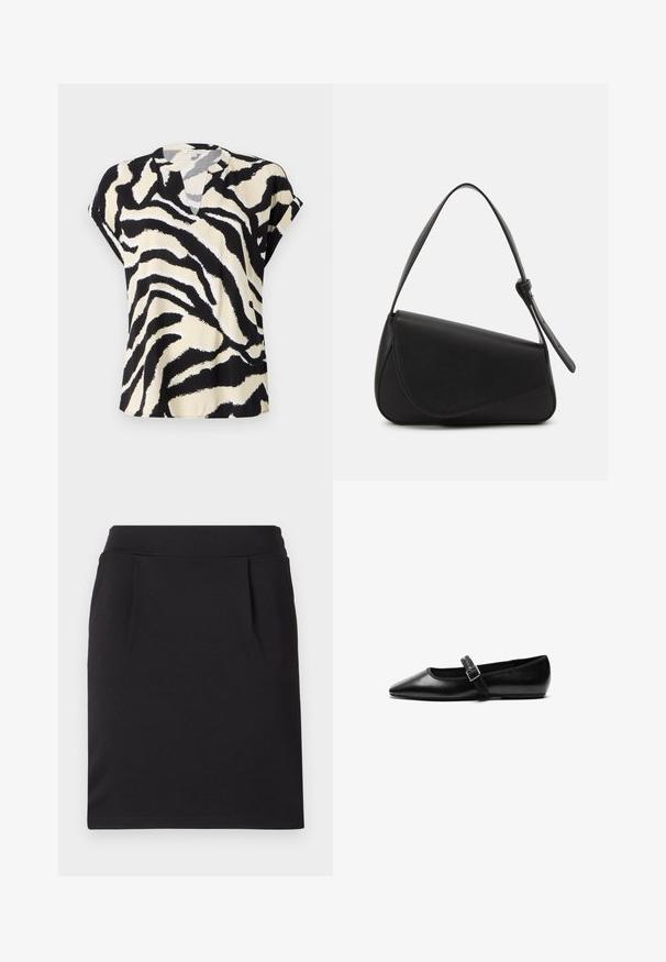 T-shirt à manches courtes en tissu léger, présentant un motif zèbre noir et crème, avec un col en V subtil et une coupe ample.; Jupe crayon noire longueur genou avec une large ceinture et de subtils plis devant, faite en tissu lisse.; Chaussure noire plate en cuir avec un bout pointu, bride réglable avec une boucle en métal, texture lisse et design minimaliste.; Sac à main en cuir noir de forme triangulaire, avec un rabat incliné et une poignée supérieure arrondie. Il présente une texture lisse et des détails de design minimalistes.
