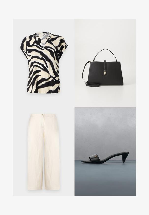 Top de manga corta en tejido ligero con un patrón de cebra en negro y crema, con un sutil escote en V y corte holgado.; Pantalones de pierna ancha en color beige, confeccionados en una tela ligera, con cierre de botón, trabillas para cinturón y dobladillos limpios. Textura suave y diseño minimalista.; Sandalia de tacón abierta de cuero negro con un logo dorado en la correa, flotando sobre una superficie exterior de baldosas con vegetación al fondo.; Tommy Hilfiger TH LIBRE MED SATCHEL - Bolso de mano - black