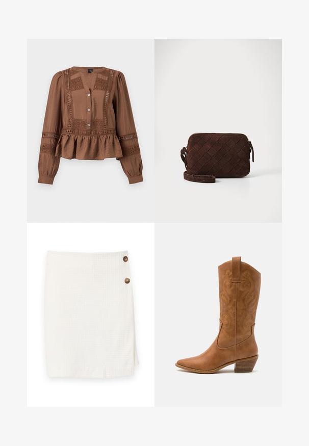 Bruine blouse met lange mouwen, kantpanelen, drie knopen aan de voorkant, geplooide taille met peplum en een ronde hals met lichte V-hals.; Witte rok van een textuurstof, met een wikkelontwerp en twee ronde knopen aan de zijkant voor sluiting.; Tan leren cowboylaars met puntige neus, geborduurde spiraalpatronen op de schacht en een gestapelde blokhak. Voorzien van een trekband voor gemakkelijke aan- en uittrekken.; Bruine suède schoudertas met een geweven ontwerp, ritssluiting en een verstelbare schouderband. Heeft een slanke, rechthoekige vorm.