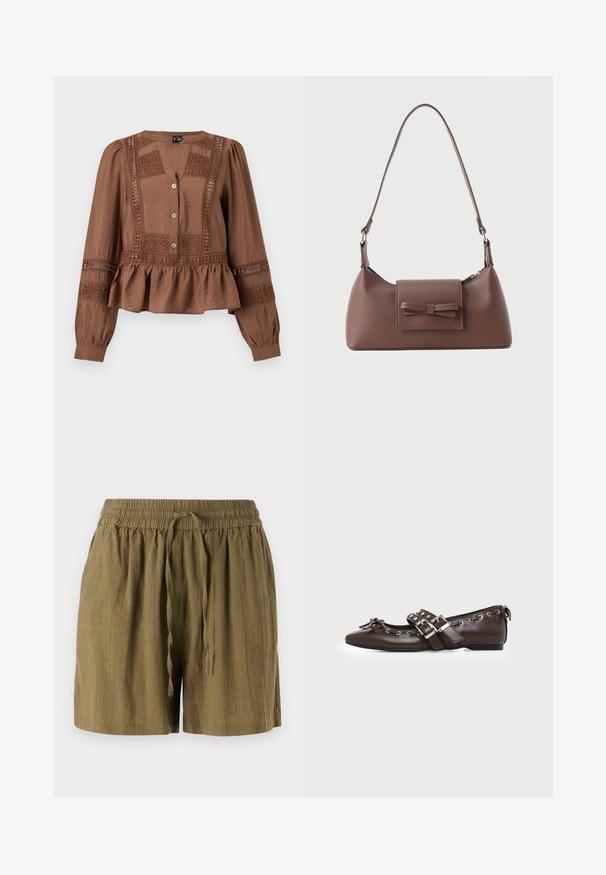 Blouse marron à manches longues avec des panneaux en dentelle, trois boutons sur le devant, taille froncée avec basque et col rond avec légère découpe en V.; Shorts pull-on verts olive en tissu léger, dotés d'une taille élastique et d'un cordon de serrage, avec une coupe décontractée et ample.; Chaussure plate en cuir marron foncé avec bout pointu, doubles brides à boucles argentées, œillets métalliques et nœud décoratif à l'avant.; Sac à bandoulière en cuir marron avec une poche à rabat avant ornée d'un détail en forme de nœud cousu et une sangle réglable.