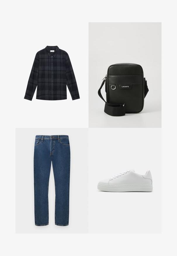 Sort og grå plaid skjorte lavet af flannel, med knaplukning foran, lange ærmer og en klassisk kravedesign.; Mørkeblå denim jeans med lige pasform, der har fem lommer og knaplukning. Stoffet har en synlig struktur og subtil stribing.; Hvide lædersneakers med en chunky platformsål, rund tå og seks snørehuller. Glat tekstur med subtile syninger.; Sorte tekstureret crossbody taske med justerbar rem, frontlomme, metalringdetalje og hvid Lacoste-logo på frontpanelet.